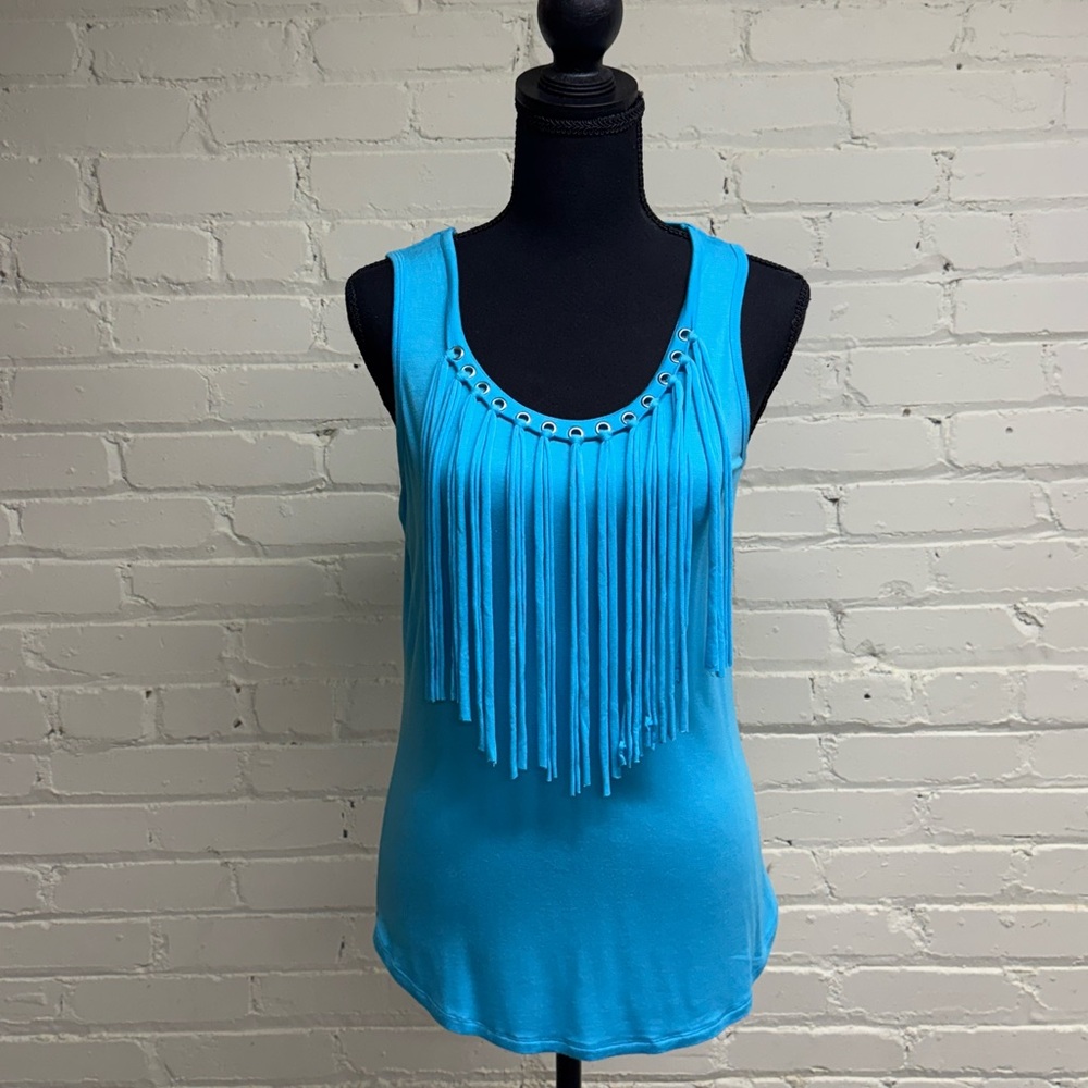 Michael Kors Aqua Blue Fringe & Grommet Embellished Tank Top, Size S